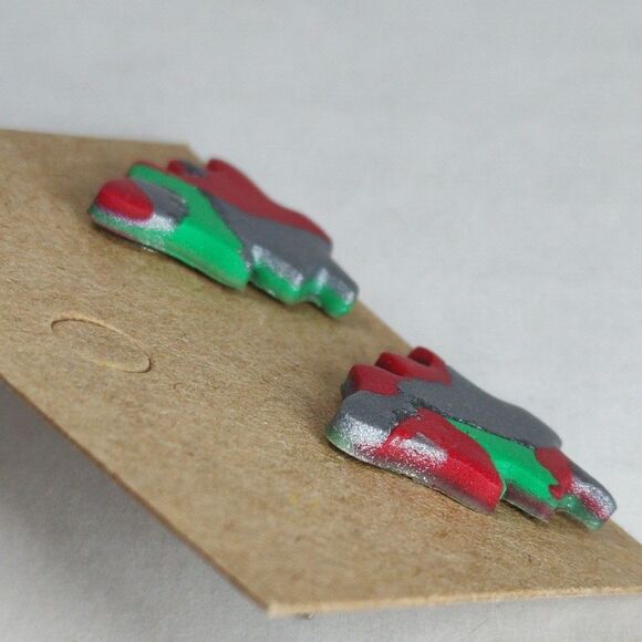 Handmade Polymer Clay Christmas Xmas Tree Stud Earrings Red Green Silver Glitter - Picture 12 of 14